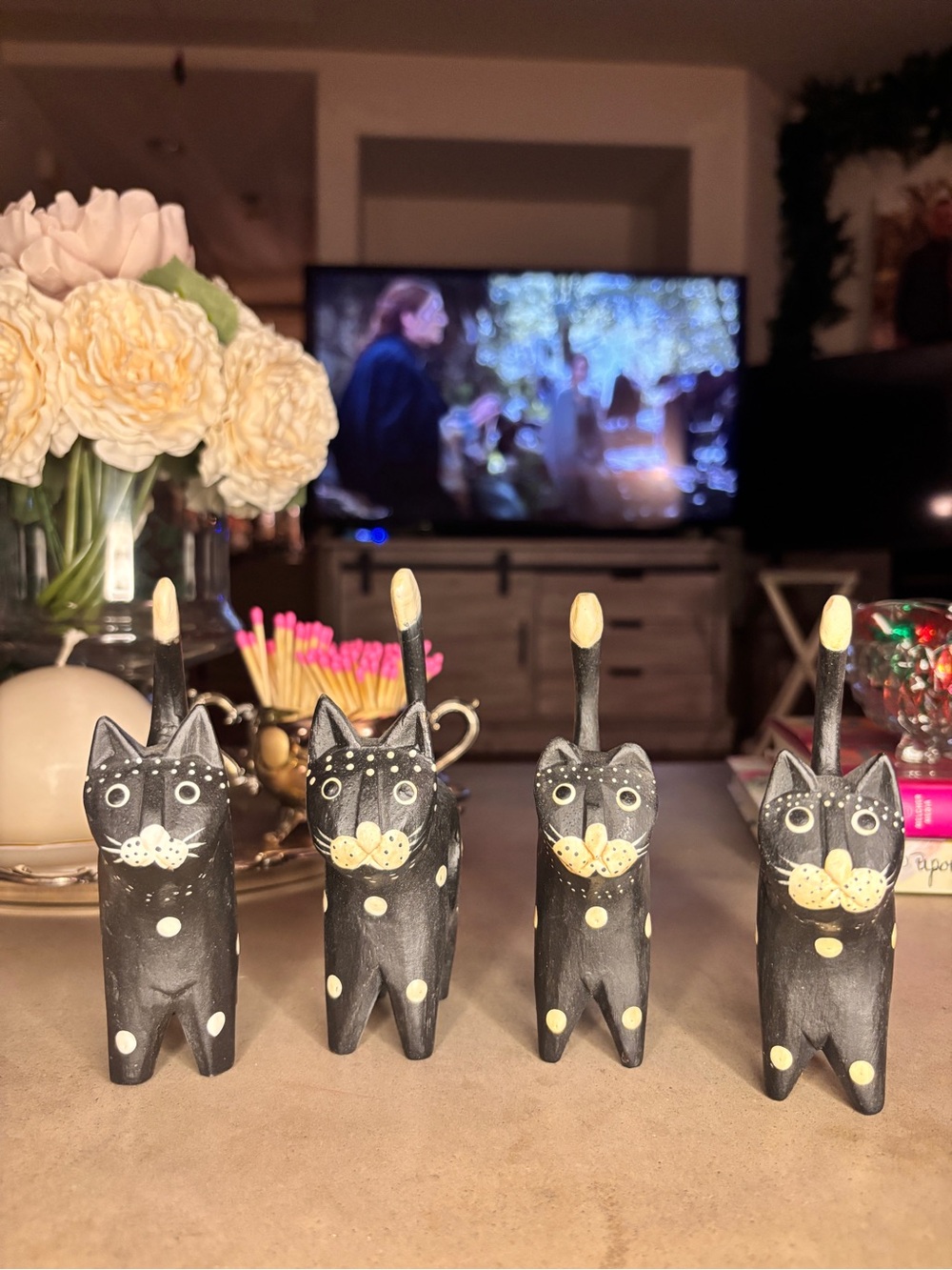 Vintage Indonesian Hand Carved Wood Black Cat Figurines Folk Art Set of 4